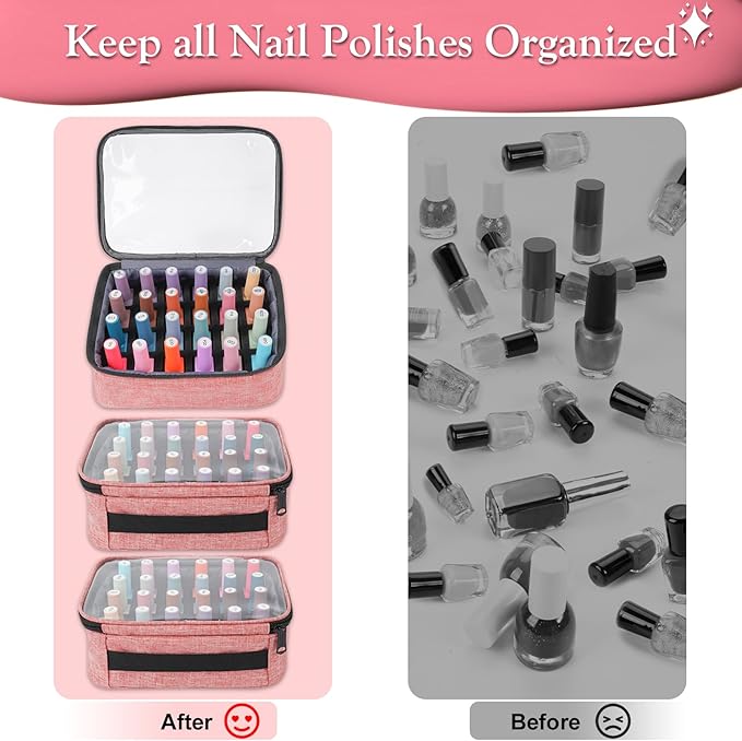 YOREPEK Nail Polish Organizer Holds 72 Bottles (15ml-0.5 fl.oz) Large Nail Polish Carrying Case with 3 Removable Pouches and 4 Zippered Pockets for Manicure Tools, Supplies, Nail Lamp, Gifts for Women