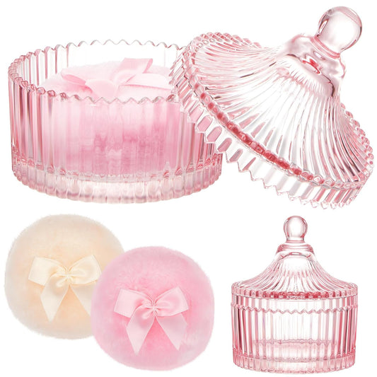 Tioncy 3 Pcs Large Body Powder Puff and Container Crystal Container Soft Washable Reusable Velour Face Body Glitter Powder Puff Wet Dry Makeup Simple Style (Pink)
