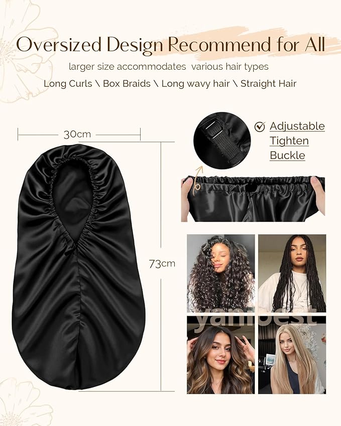 YANIBEST Satin Sleep Bonnet for Natural Hair - Extra Double Layer Long Adjustable Silk Hair Bonnet for Braids, Locs, Curls - Women’s Night Hair Protection Cap