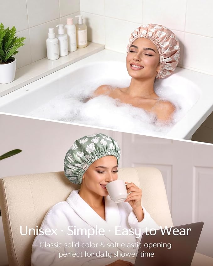 Yanibest Satin Lined Shower Cap for Women Reusable Waterproof, Large Bath Cap with Soft Elastic Band, Luxury Hair Protection Caps (Green Leaves)