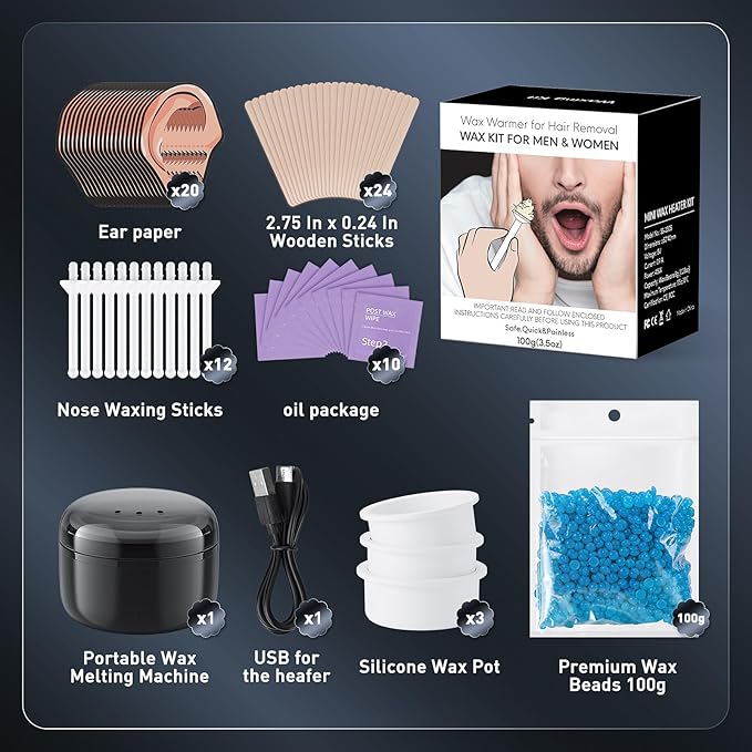 Nose Wax Kit - FSA HSA Eligible, Portable Wax Warme Hair Removal for Women & Men - 100g Beads, 24 Applicators, 12 Nose Hair Sticks 3 Silicone Pots