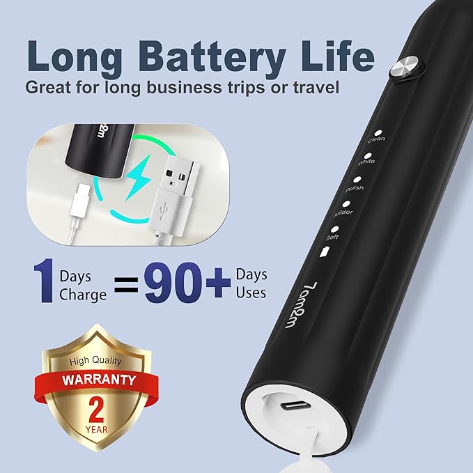 7AM2M Sonic Electric Toothbrush for Adults and Kids, with 8 Brush Heads and Travel Case,5 Modes with 2 Minutes Built in Smart Timer, One Charge Use for 90 Days, Rechargeable Toothbrushes(Black)