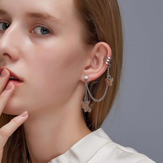 Silver Butterfly Chain Tassel Cuff Earrings Vintage Long Butterfly Hinge Dangle Drop Earrings Single Butterfly Ear Clips Statement Butterfly Crawler Cuff Earrings Jewelry for Women Girls