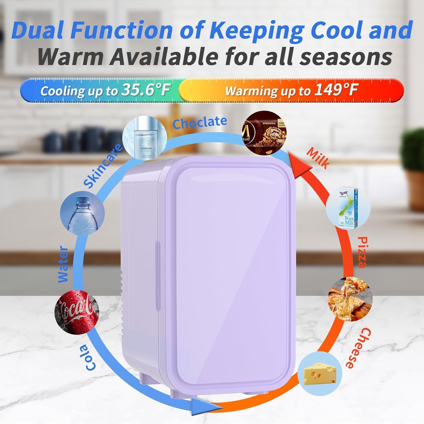 YASHE Mini Fridge, 6 Liter/8 Can 110V AC/DC Portable Thermoelectric Cooler Refrigerators for Bedroom, Skincare, Beverage, Office, Dorm Room and Car, Purple
