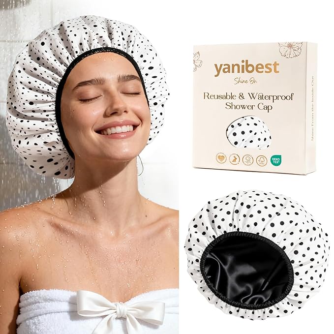 Yanibest Shower Cap for Women - Hair Satin Bonnet Shower Cap Waterproof Large Double Layer Reusable with Soft Elastic Band for Braids Long Hair