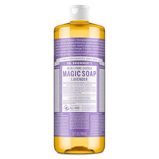 Dr. Bronner's Pure-Castile Liquid Soap, Made with Organic Oils, 18-in-1 Uses: Face, Body, Hair, Laundry, Pets and Dishes, Concentrated, Vegan, Non-GMO, Lavender, 32 Oz
