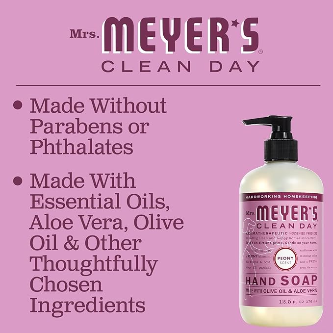 Mrs. MEYER'S CLEAN DAY Hand Soap, Made with Essential Oils, Peony, 12.5 fl. oz (Pack of 6)
