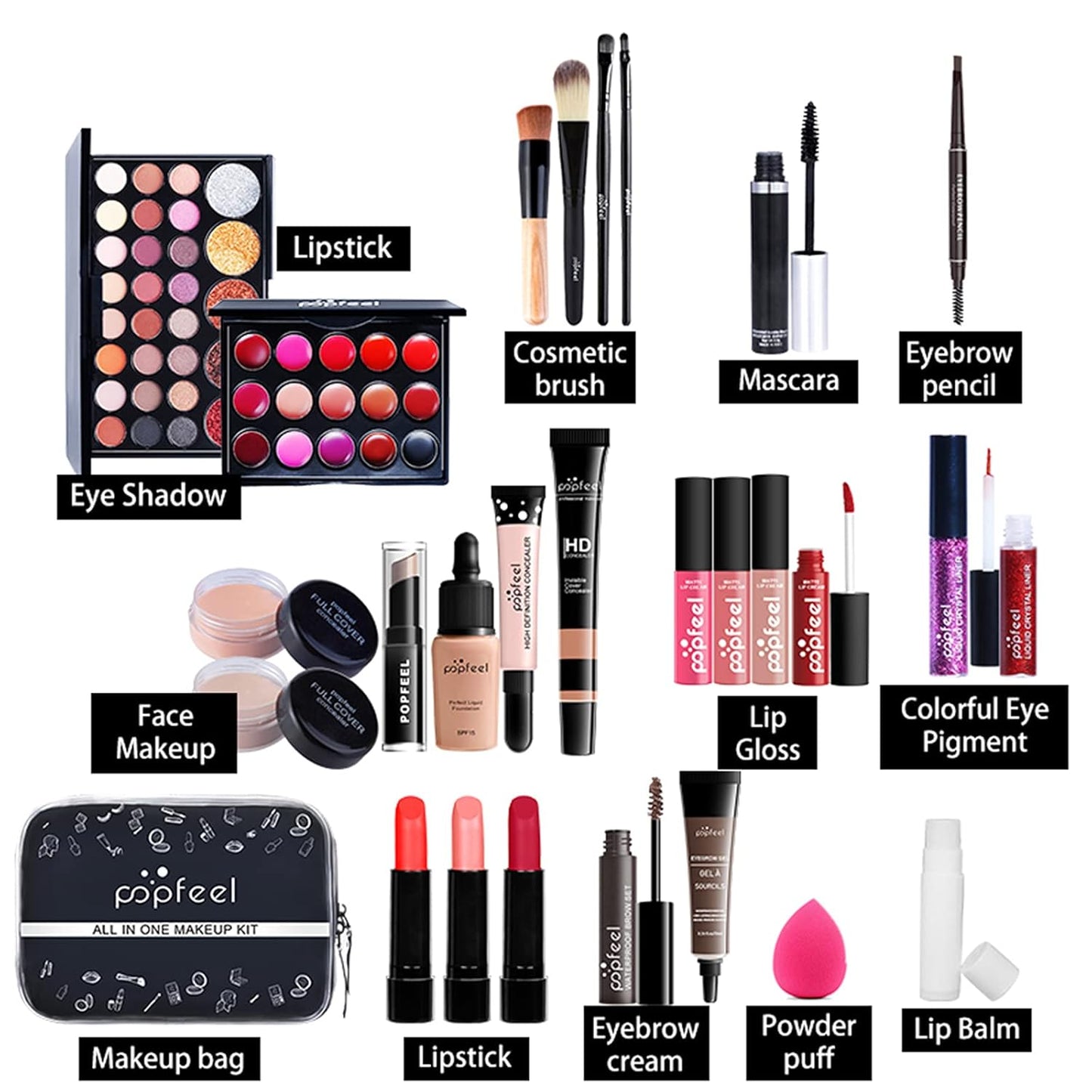 All-in-one Makeup Set Holiday Gift | Full Makeup Kit for Women Essential Starter Bundle Include Eyeshadow Palette Lipstick Blush Cream Concealer Face Powder Eyeliner Mascara Lipgloss Brush