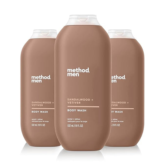 Method Men Body Wash, Sandalwood and Vetiver, Paraben and Phthalate Free, Quick-LatheringCleansers, Cruelty Free, 18 oz (Pack of 3)