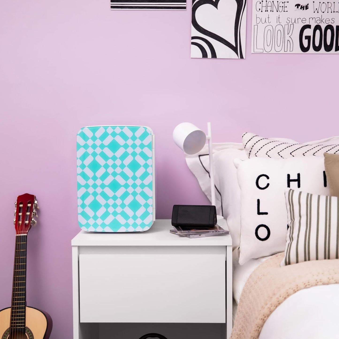 Cooluli 10L Mini Fridge for Bedroom - Car, Office Desk & Dorm Room - 12v Portable Cooler & Warmer for Food, Drinks, Skincare, Beauty & Makeup - AC/DC Small Refrigerator with Glass Front, Green Pattern