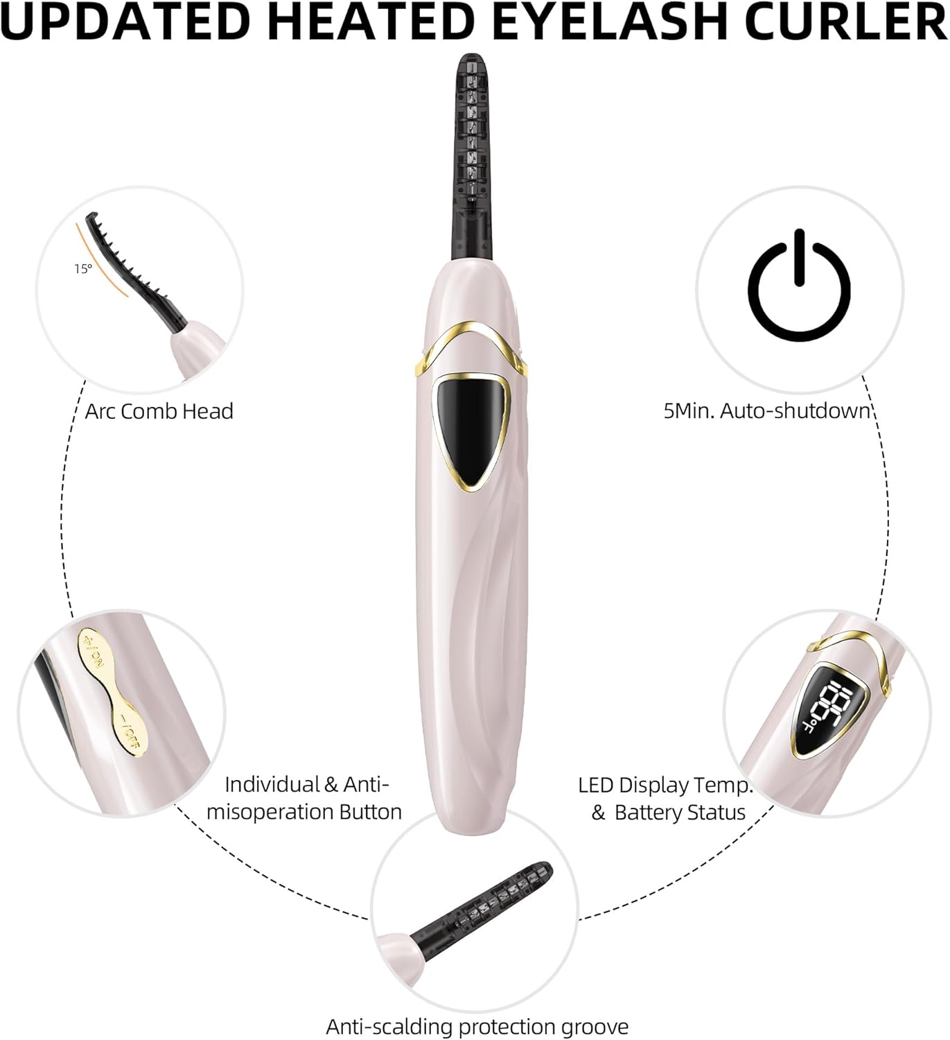 ZAPAL Heated Eyelash Curler, S600 Rechargeable Heated lash Curler, Intelligent Power Off Electric Eyelash Curler Heated Quickly 24 Hs Lasting Natural Makeup for Woman - Petal Pink/Gold