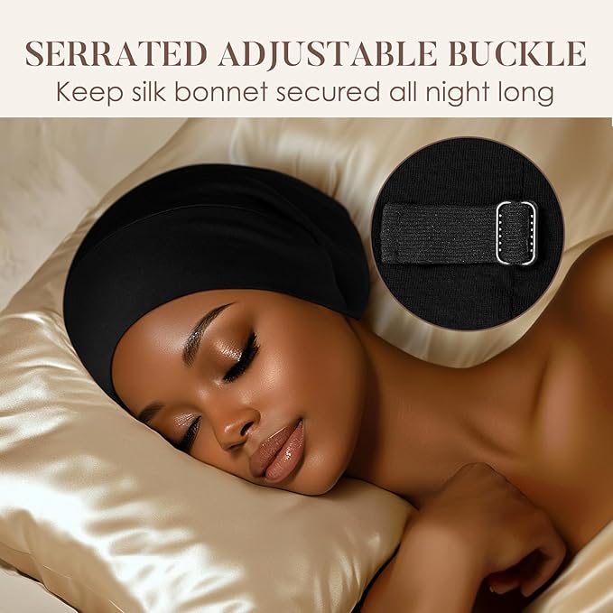 LULUSILK 100% Mulberry Silk Bonnet for Sleeping Women and Men, No More Frizzy Tangled Hair, Real Silk Sleep Cap for Curly Hair, Black, Pack of 1