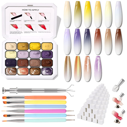 Sponge Pat Paint Nail Gel, Ombre Nails Gradient Gel Nail Blush Blooming Aura Nails Drawing Stripper Floral Painting DIY Nail Art, No Wipe, UV/LED Curing (16 Colors K)