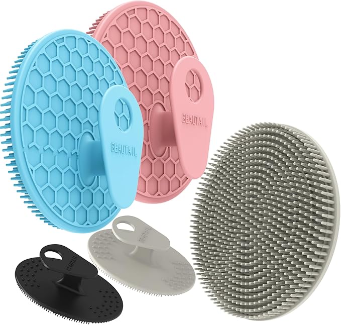 Silicone Body and Face Scrubber Set 5 Pack, BEAUTAIL Shower Bath Scrubber, Gentle Exfoliating Brush for Women Men Sensitive Skin, More Hygienic Than Traditional Loofah, Long Lasting, Pink+Blue+Gray
