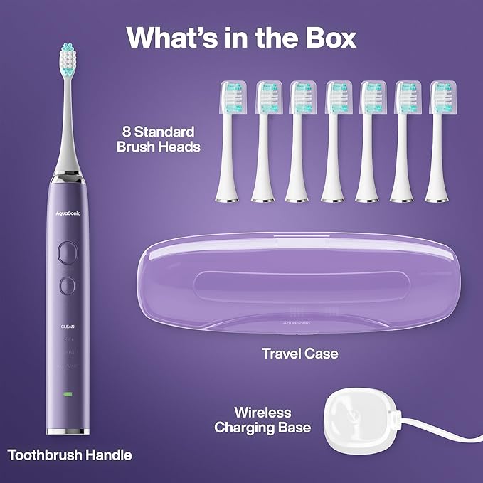 Aquasonic Vibe Series Ultra-Whitening Toothbrush – ADA Accepted Electric Toothbrush - 8 Brush Heads & Travel Case – 40,000 VPM Motor & Wireless Charging - 4 Modes w Smart Timer – Satin Violet