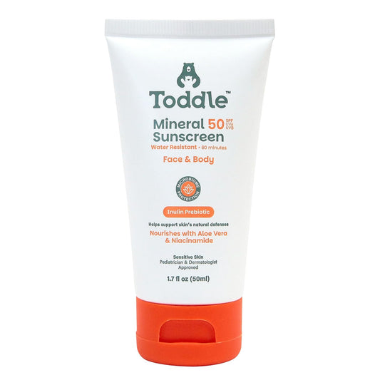 Prebiotic Mineral Sunscreen SPF 50 for Kids & Baby, Face & Body Sun Protection, Reef Safe, Non-Toxic Zinc Oxide Broad Spectrum, Water-Resistant, No White Cast, Travel Size 1.7oz