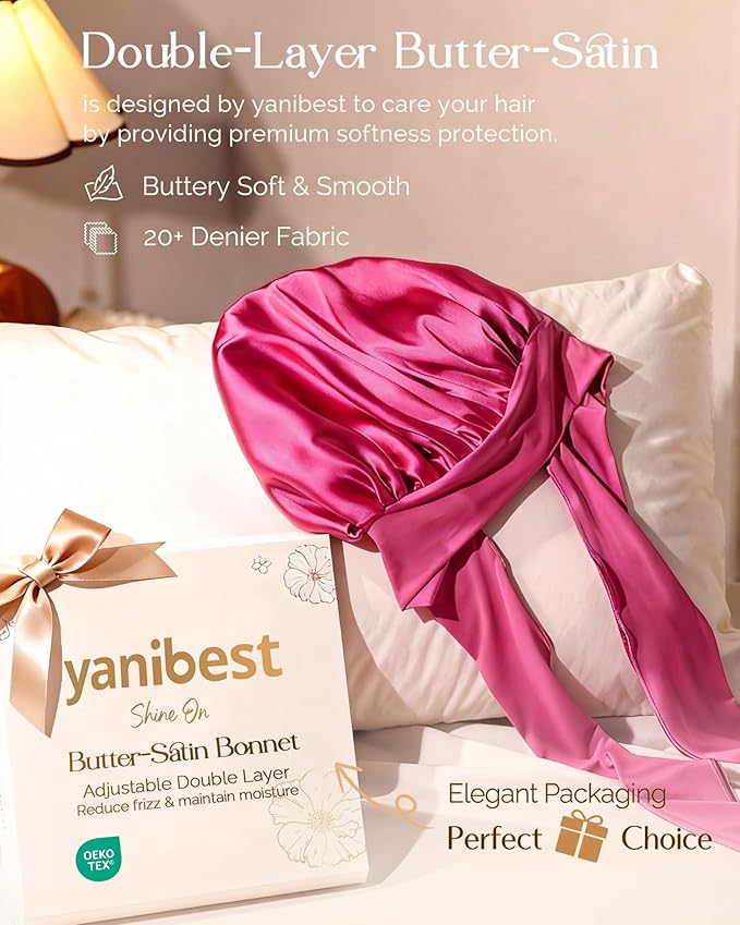 YANIBEST Adjustable Satin Bonnet for Sleeping Women Double Layer Hair Wrap Reduce Friction Prevent Frizz Natural Curly Hair