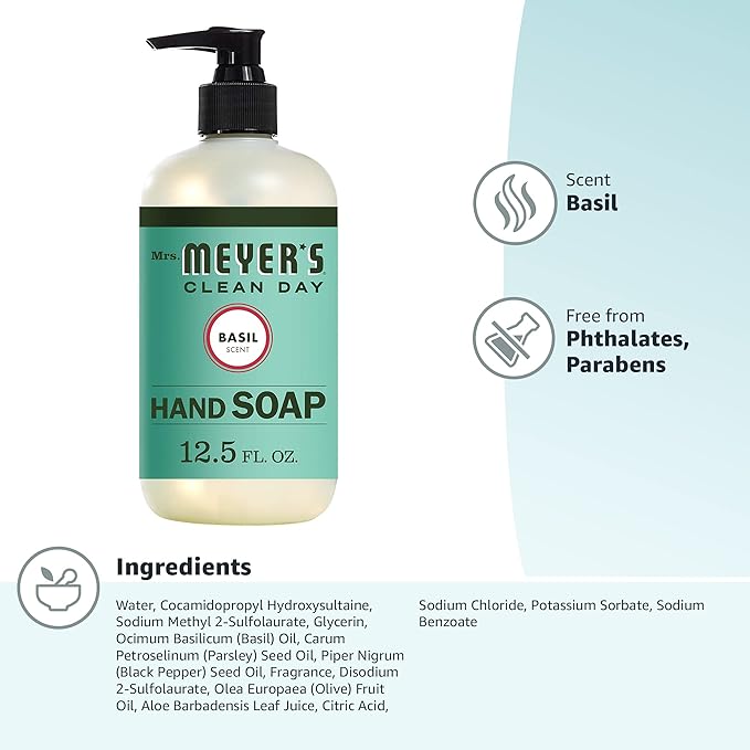 MRS. MEYER'S CLEAN DAY Hand Soap, Made with Essential Oils, Biodegradable Formula, Basil, 12.5 fl. oz (Pack of 4)