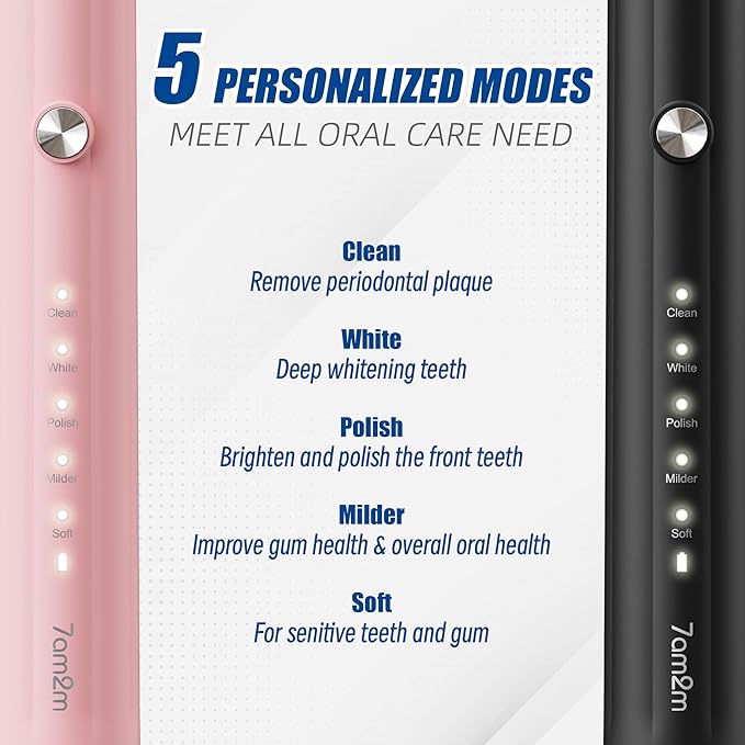 7AM2M Rechargeable Sonic Electric Toothbrush 2 Pack, Soft Toothbrushes for Adults and Kids with 12 Brush Heads, IPX7 One Charge Use for 90 Days, 5 Modes with 2 Minutes Build in Smart Timer