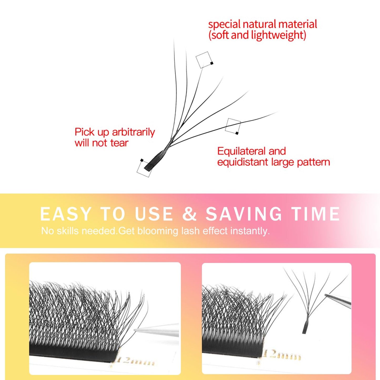 W Lash Extensions Supplies 6D Eyelash Extensions W Shape 0.07mm Thickness D Curl 11mm Premade Fans Easy Fan Lashes Volume Matte Black 12 Rows Crisscross Eye Lashes(W-6D-0.07-D,11mm)