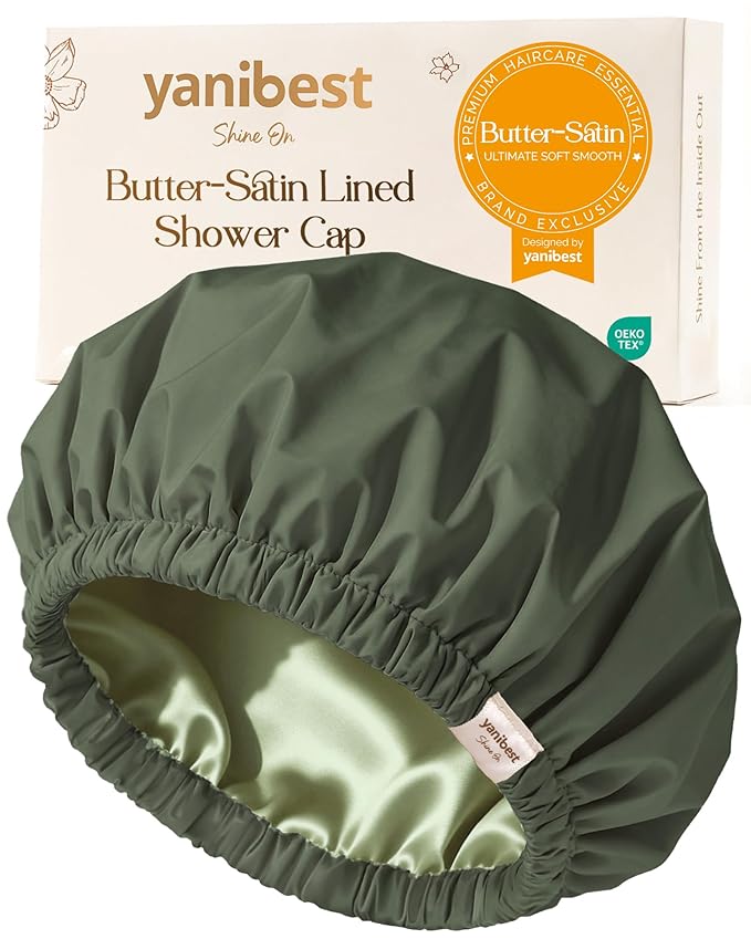 Yanibest Satin Lined Shower Cap for Women Reusable Waterproof, Large Bath Cap with Soft Elastic Band, Luxury Hair Protection Caps (Green)