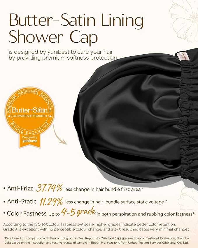 Yanibest Satin Lined Shower Cap for Women Reusable Waterproof, Large Bath Cap with Soft Elastic Band, Luxury Hair Protection Caps (Black)