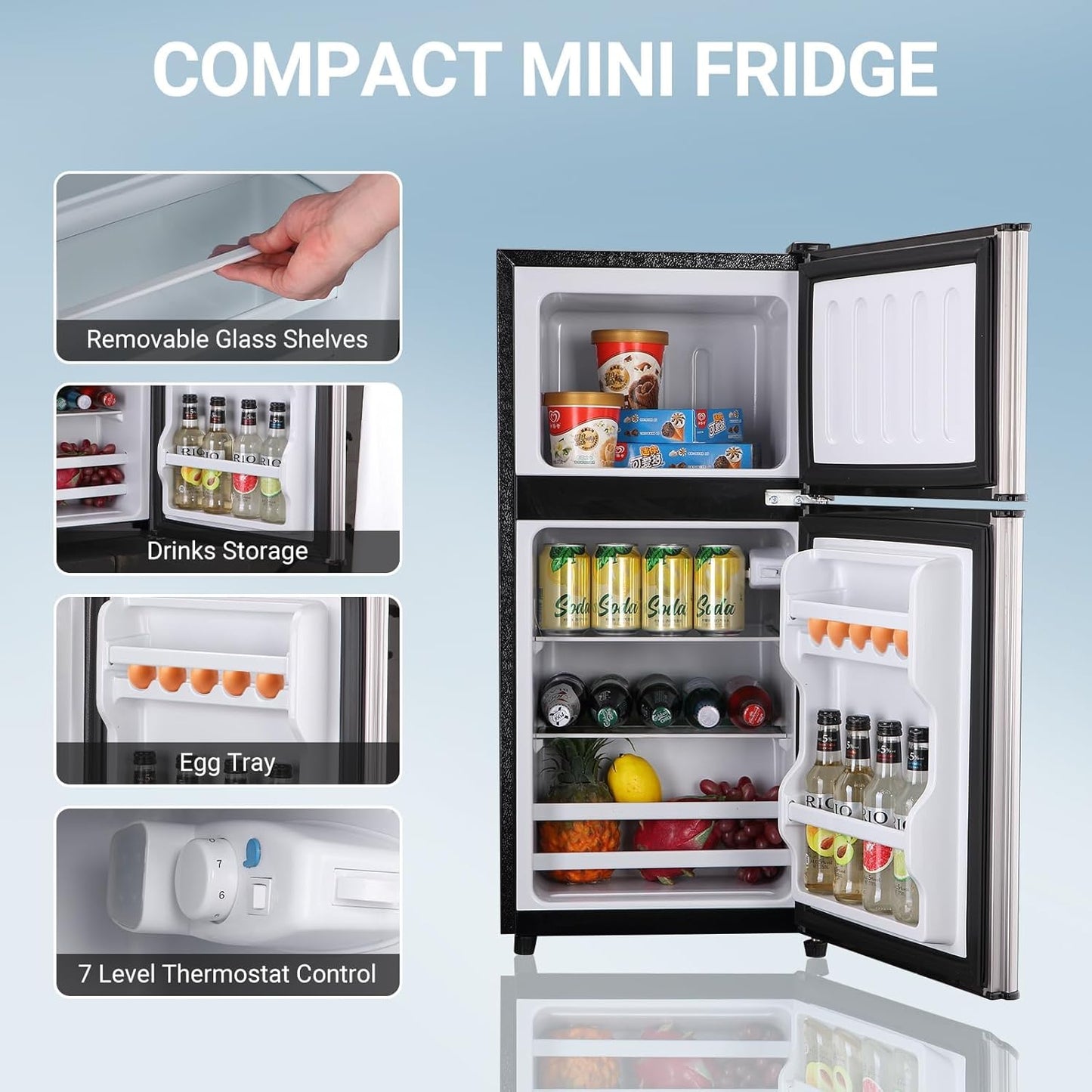 Mini Fridge with Freezer, 3.6 Cu. Ft. Adjustable Thermostat Compact Fridge with Freezer,Office Mini Refrigerator with Freezers, Small Size Dorm Fridges for Apartment,Dorm,Kitchen,Office,Silver