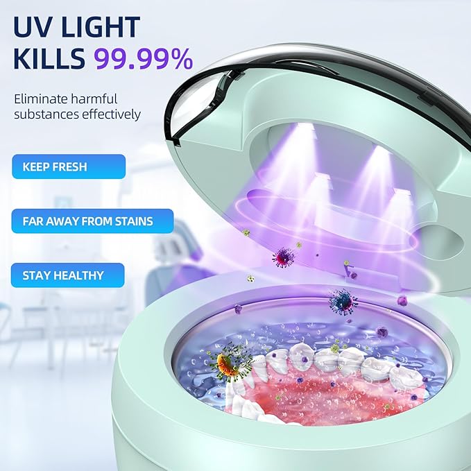 Ultrasonic Retainer Cleaner Machine, 45kHz Ultrasonic Denture Cleaner with 200ML Capacity & 4 Modes for Dental Cleaning Pod, Aligners, Mouthguards, Retainers, Jewelry, Green