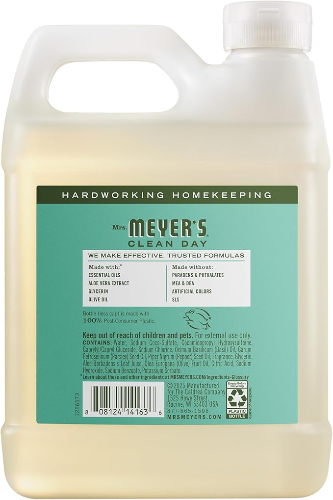 MRS. MEYER'S CLEAN DAY Hand Soap Refill, Made with Essential Oils, Basil, 33 fl. oz