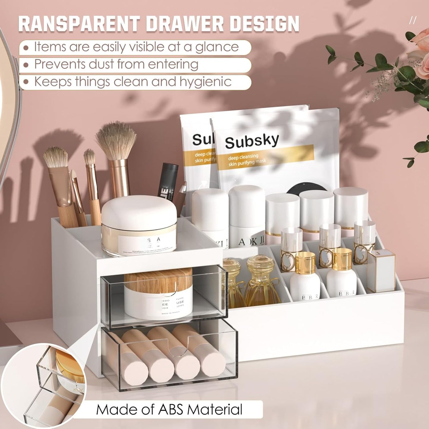 Subsky Makeup Organizer with Drawers, Easy Storage for Beauty Products Brushes, Multifunction Plastic Desk Organizer, Cosmetics Organizer for Countertop Dresser Vanity and Bathroom (White)