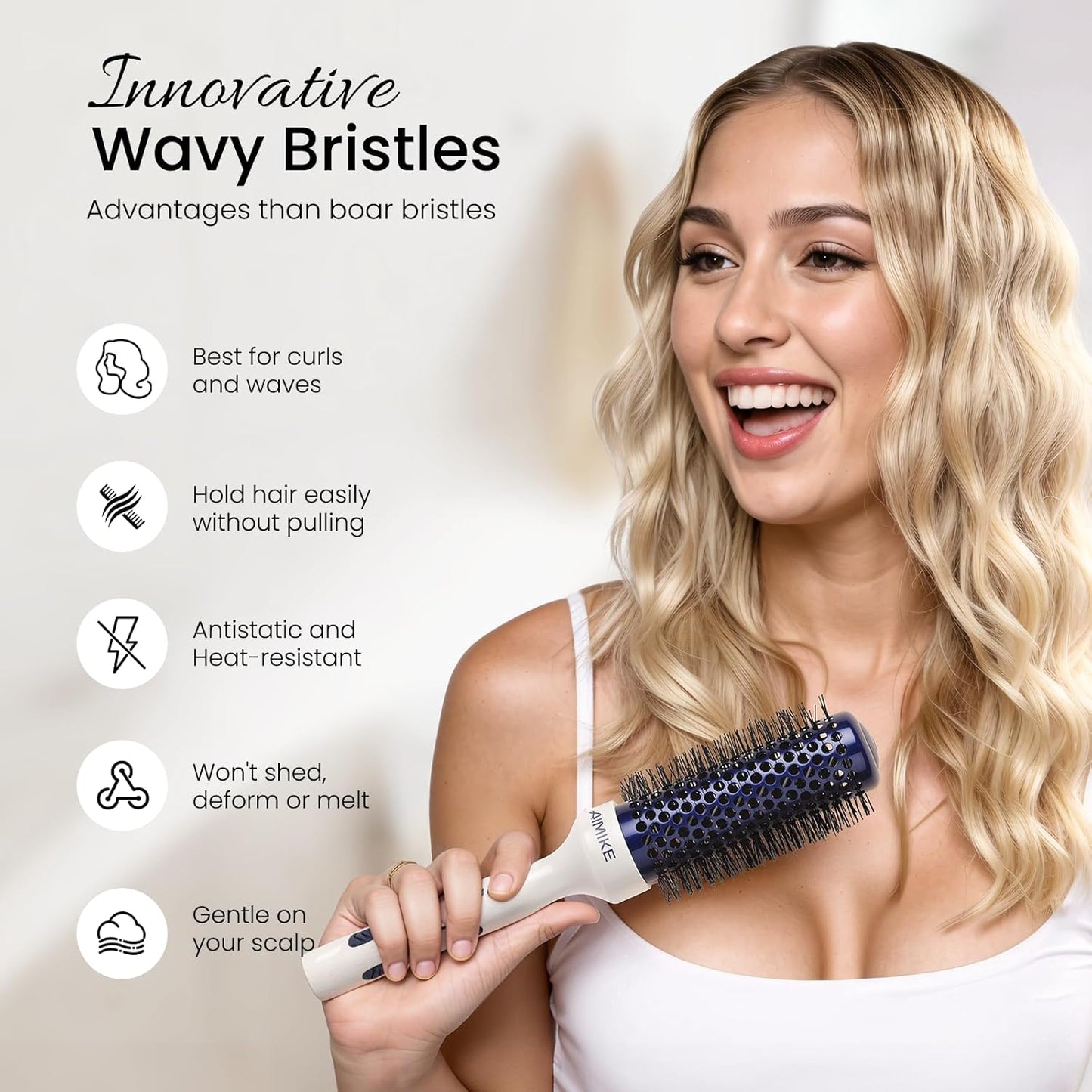 AIMIKE Nano Ionic Tech Small Round Brush, Ceramic Round Brush for Blow Drying, Styling and Boost Volume, Natural Wood Round Hair Brush, One Piece Design - 1.4 Inch/35mm