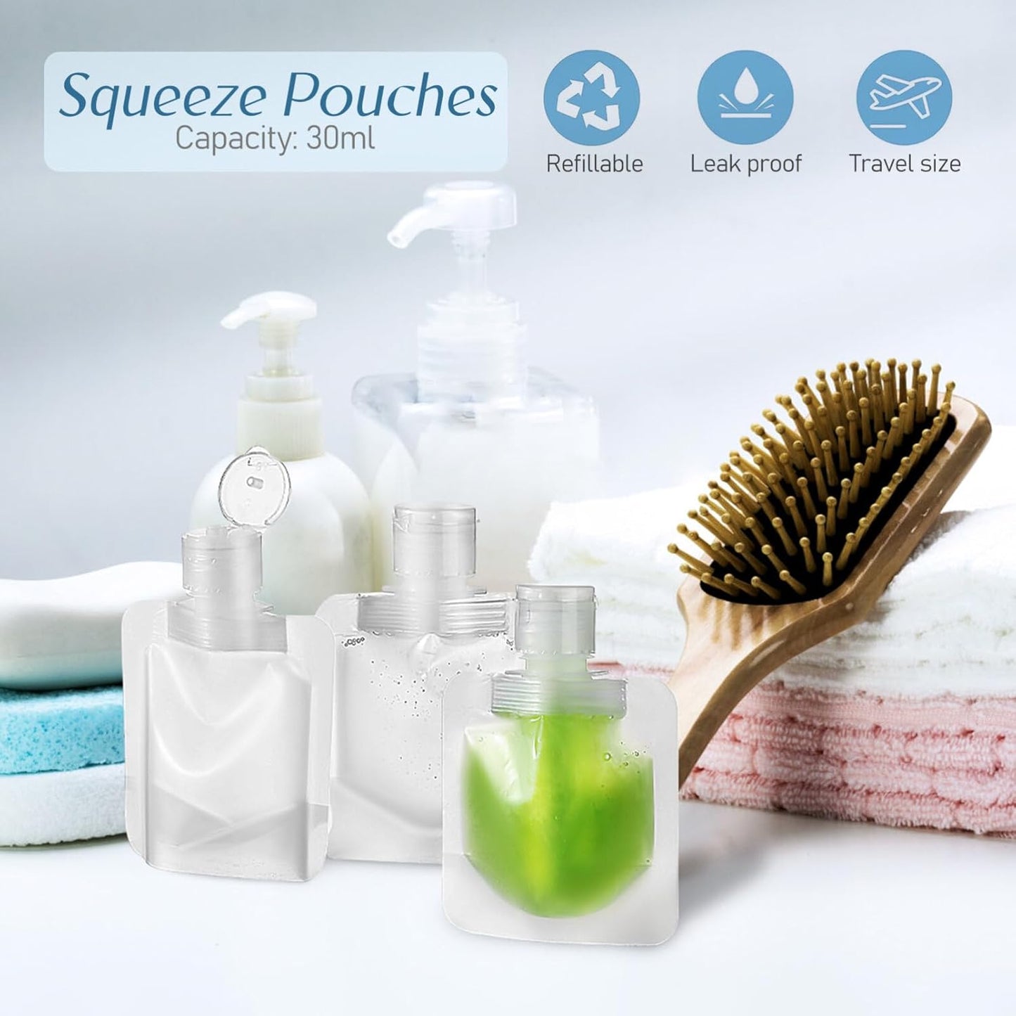 Beaupretty 15pcs Travel Pouches for Toiletries, 30ml Refillable Empty Travel Size Containers, Small Squeeze Pouches Travel Bags for Shampoo Conditioner Lotion Soap