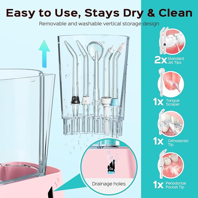 COSLUS E2 Advanced Water Flosser for Teeth: 2 Modes & 12 Pressure Settings Electric Dental Pick for Orthodontic, Braces, Sensitive Gums - Home Use, 5 Jet Tips for Multiple Users, Family,Pink