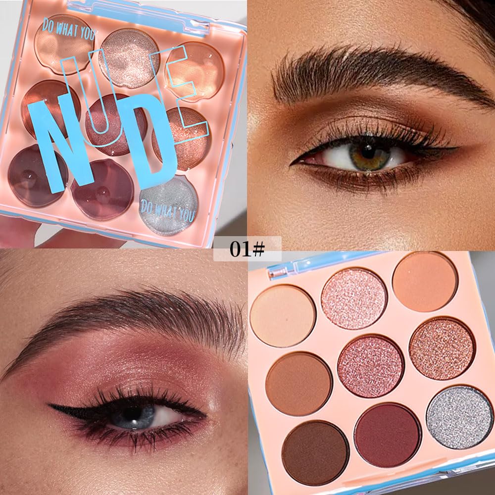 9-Color Neutral Eyeshadow Palette – Matte & Shimmer Combination, Soft Beige & Brown Tones, Long-Lasting, Waterproof, Blendable, Versatile Looks for Everyday, Work, and Date Makeup 01