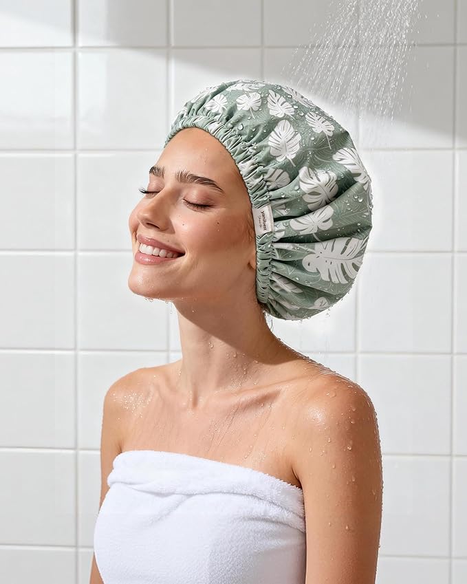 Yanibest Satin Lined Shower Cap for Women Reusable Waterproof, Large Bath Cap with Soft Elastic Band, Luxury Hair Protection Caps (Green Leaves)