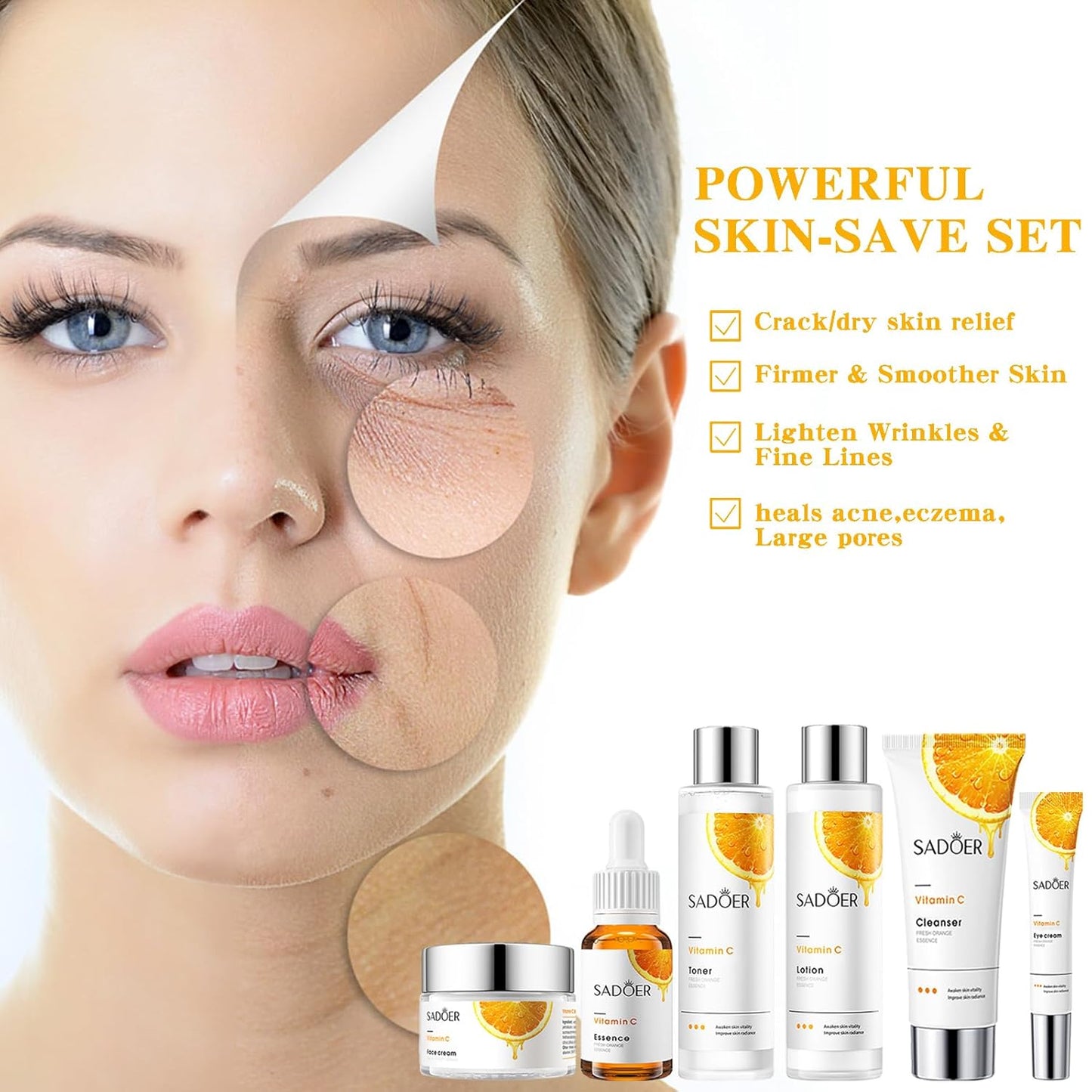 Vitamin C Daily Skin Care Set Daily Moisturizing & Nourishing Fresh Orange Essence Skin Care Set Vitamin Essence Six-piece Set