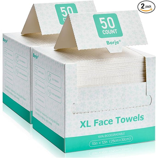 Borje Face Towels XL, Disposable Face Towel 10" x 12", 100 Count (2 Packs of 50), 100% USDA Biobased Facial Towelettes, Ultra Soft & Thick Makeup Remover Dry Wipes for Women Cleansing