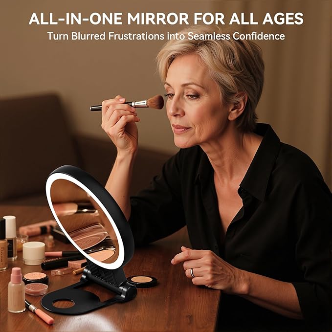 1X/30X Magnifying Mirror with Light, Double Sided Makeup Mirror with Adjustable 3 Color Light, 2000mAh Rechargeable Lighted Magnifying Mirrors with Tweezer, Foldable Travel Mirror with Rotation