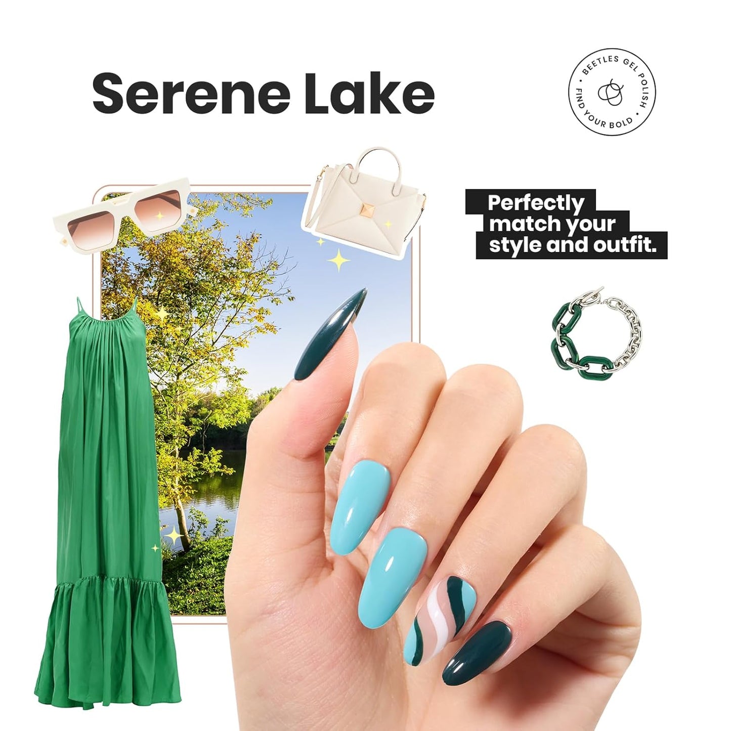 Beetles Green Nail Polish Set P181, 6 Colors Blue White Nail Polish Set, Green Collection Quick Dry Long Lasting Manicure Patricks Day DIY Nail Art Salon Home Gift For Women