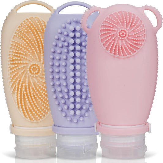 Sumina Silicone Travel Bottles 3 Pack (3.4oz) – TSA-Approved Leak-Proof Toiletry Containers with 2-in-1 Built-In Exfoliating Scrubber – Refillable for Travel, Gym & Skincare