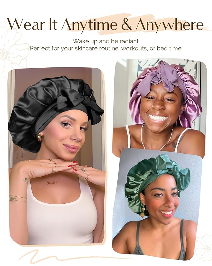 Yanibest Adjustable Satin Bonnet for Sleeping, Double Layer Silk Hair Bonnet with Tie Band for Unisex Women Men Curly Natural