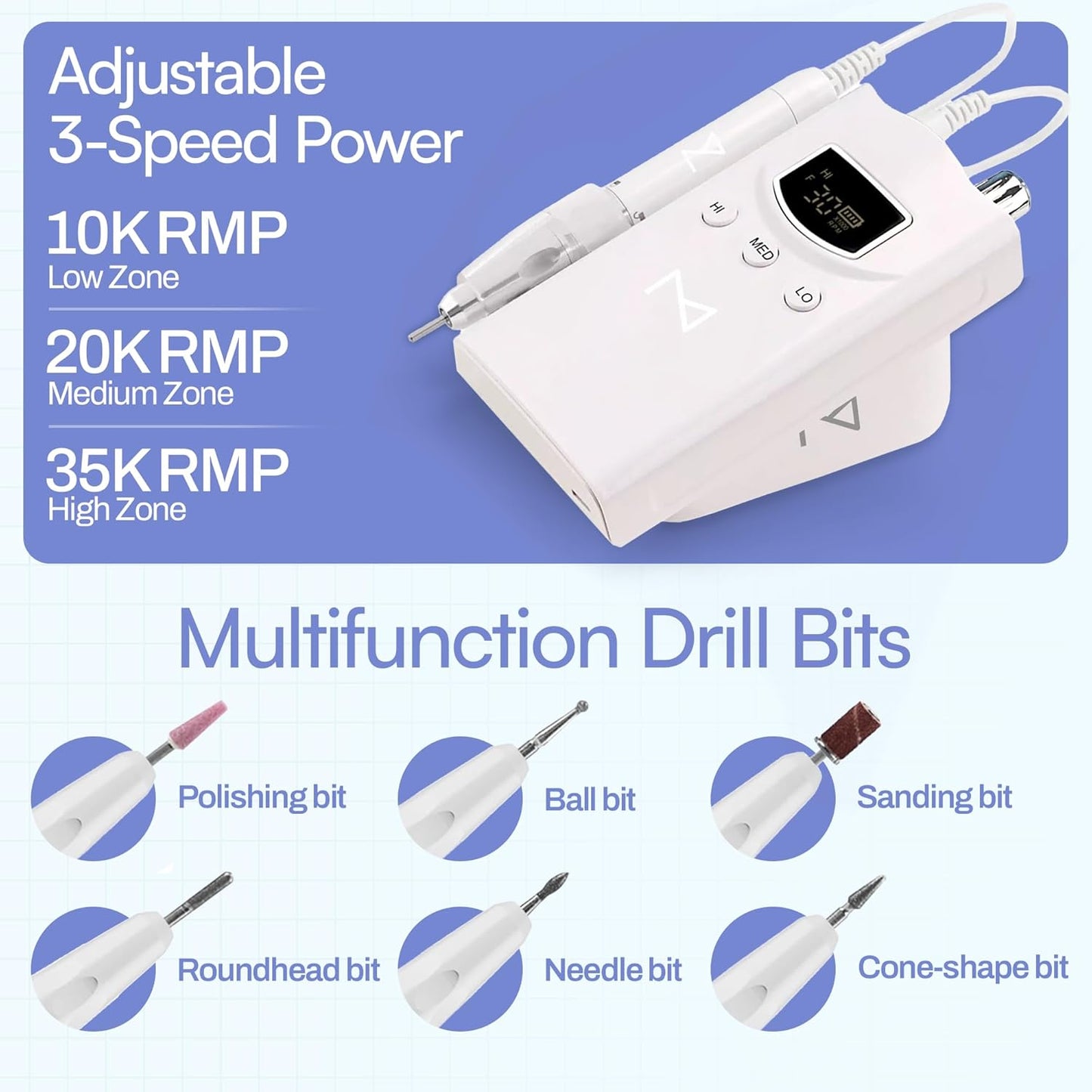 M GEM Brushless Nail Drill 35K RPM | Professional Cordless Efile Machine | Rechargeable Electric Nail File with Bits | Portable Quiet Low Vibration Tool for Acrylic, Gel, Natural Nails (Ombre Blue)