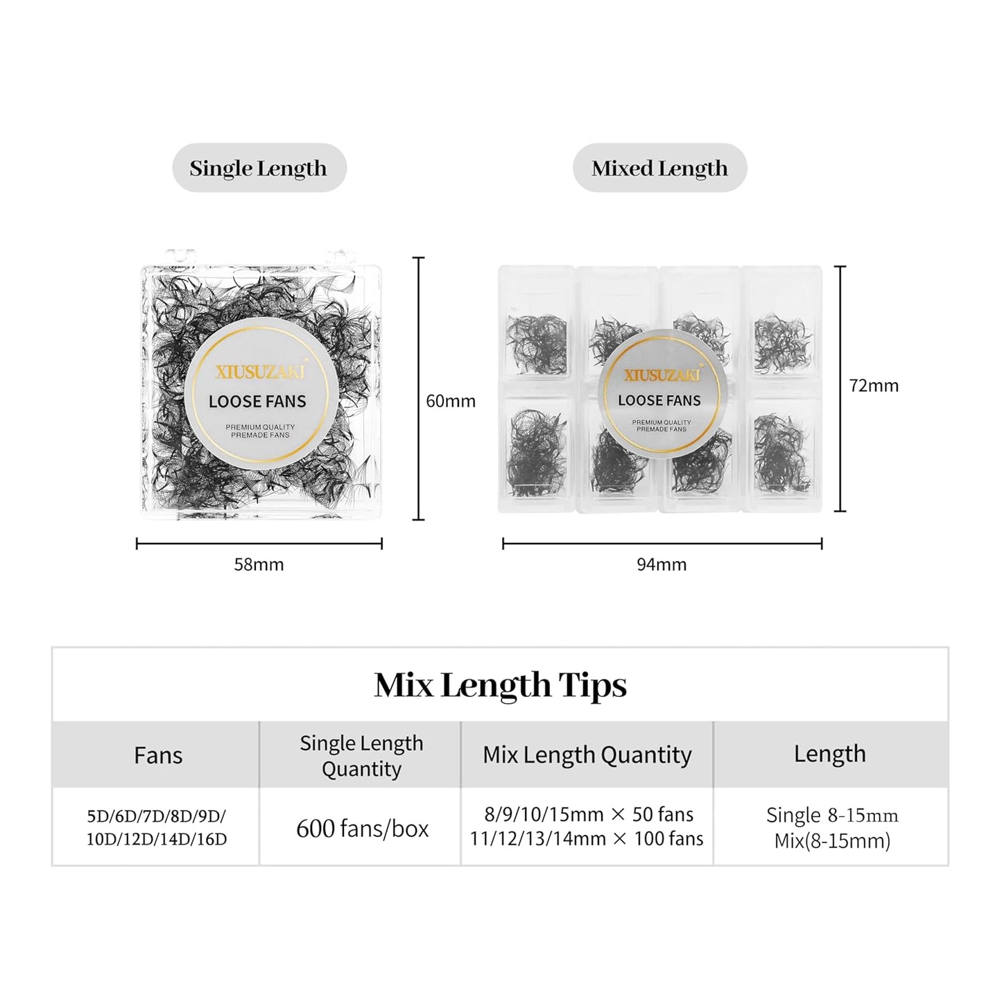 Premade Fans Eyelash Extensions - 600 Fans, 7D Lashes, 0.07mm Thickness, D Curl Mix, 8-15mm