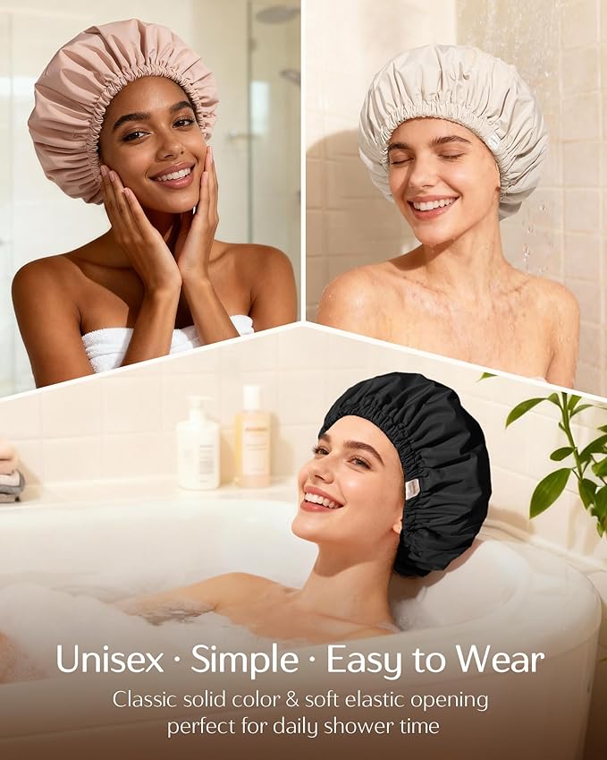 Yanibest Satin Lined Shower Cap for Women Reusable Waterproof, Large Bath Cap with Soft Elastic Band, Luxury Hair Protection Caps (Black)
