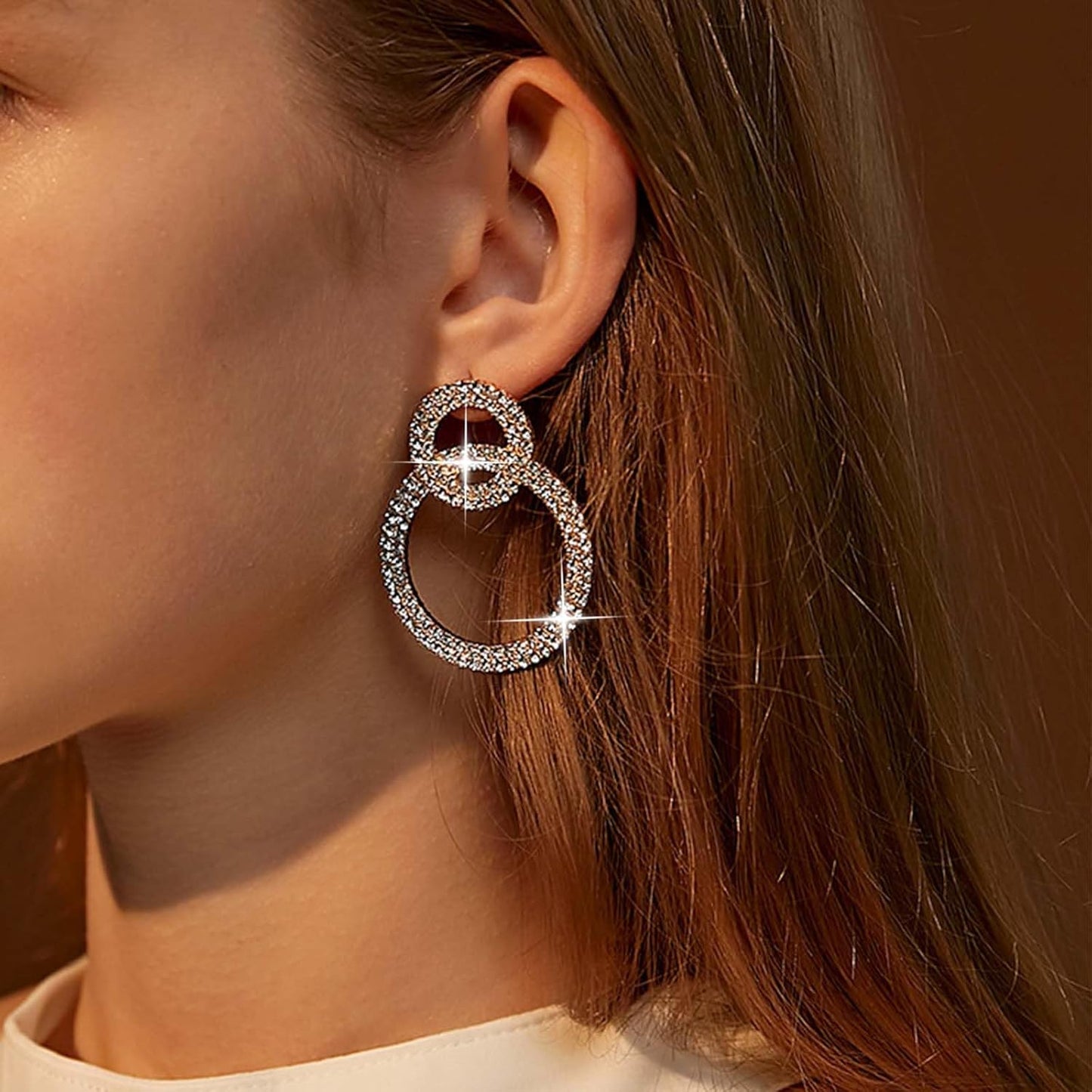 Vintage Crystal Circle Drop Earrings Double Circle Hoop Earrings Gold Cz Circle Dangle Earrings CZ Hollow Circle Earrings Jewelry for Women