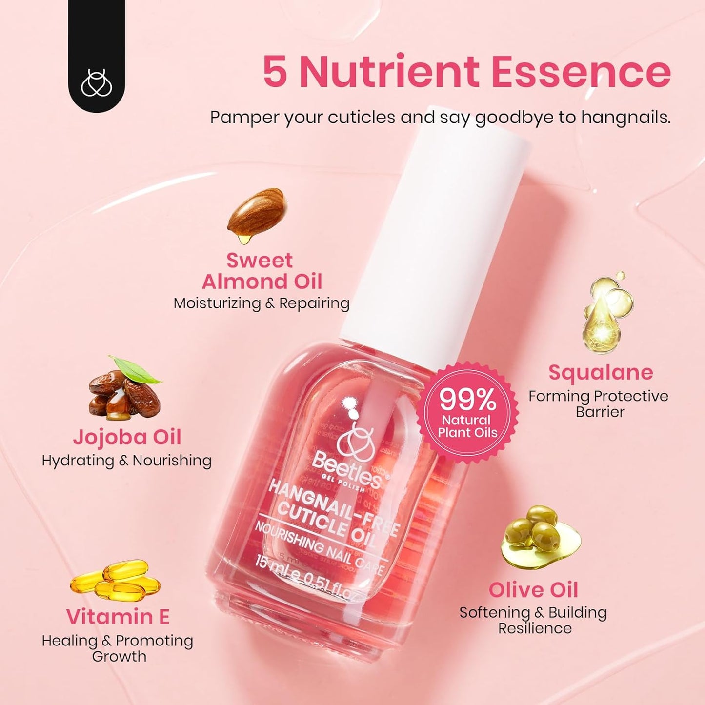 Beetles Cuticle Oil for Nail & Cuticle Care, 15ml Natural Rose Smell Oil with Vitamin E Nourish Condition Dry Stronger Nails SPA & Hand Manicure DIY Salon Needs Gifts for Her Women