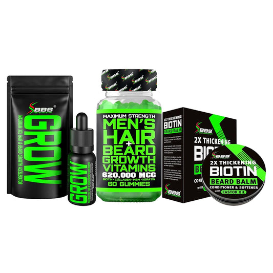 Biotin Beard Balm + XXL Beard Growth Serum + 620,000mcg Beard Growth Vitamins – Beard Growth Kit for Men with Mustache Wax, Collagen, MSM & Castor Oil – Fills Patches, Thickens & Styles