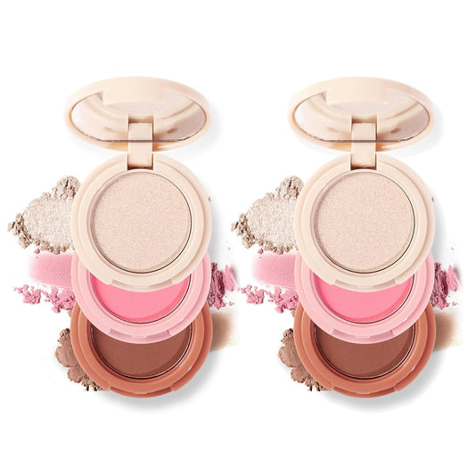Makeup Eyeshadow Palettes, 3-in-1 Protable Multifunction Blush Highlighter Contour Palettes with 3 Trend Colors for Daily Natural Luster Makeup, Waterproof Long Lasting - 2 Pack #1