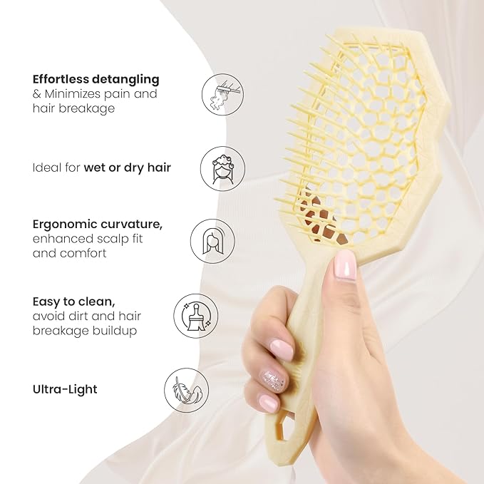 AIMIKE Glacier Detangling Brush, Pain-Free Detangler Brush for Curly Hair Wet & Dry Use, Glide Through Tangles with Ease, Vented Hair Brush for Women's 2c to 4c Curls, Cream Yellow