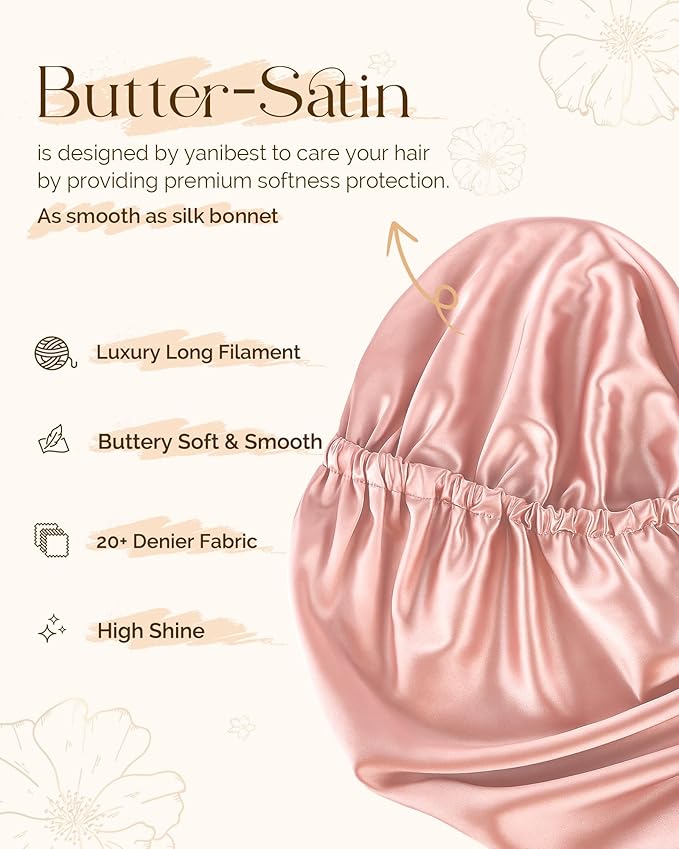 YANIBEST Satin Sleep Bonnet for Natural Hair - Extra Double Layer Long Adjustable Silk Hair Bonnet for Braids, Locs, Curls - Women’s Night Hair Protection Cap